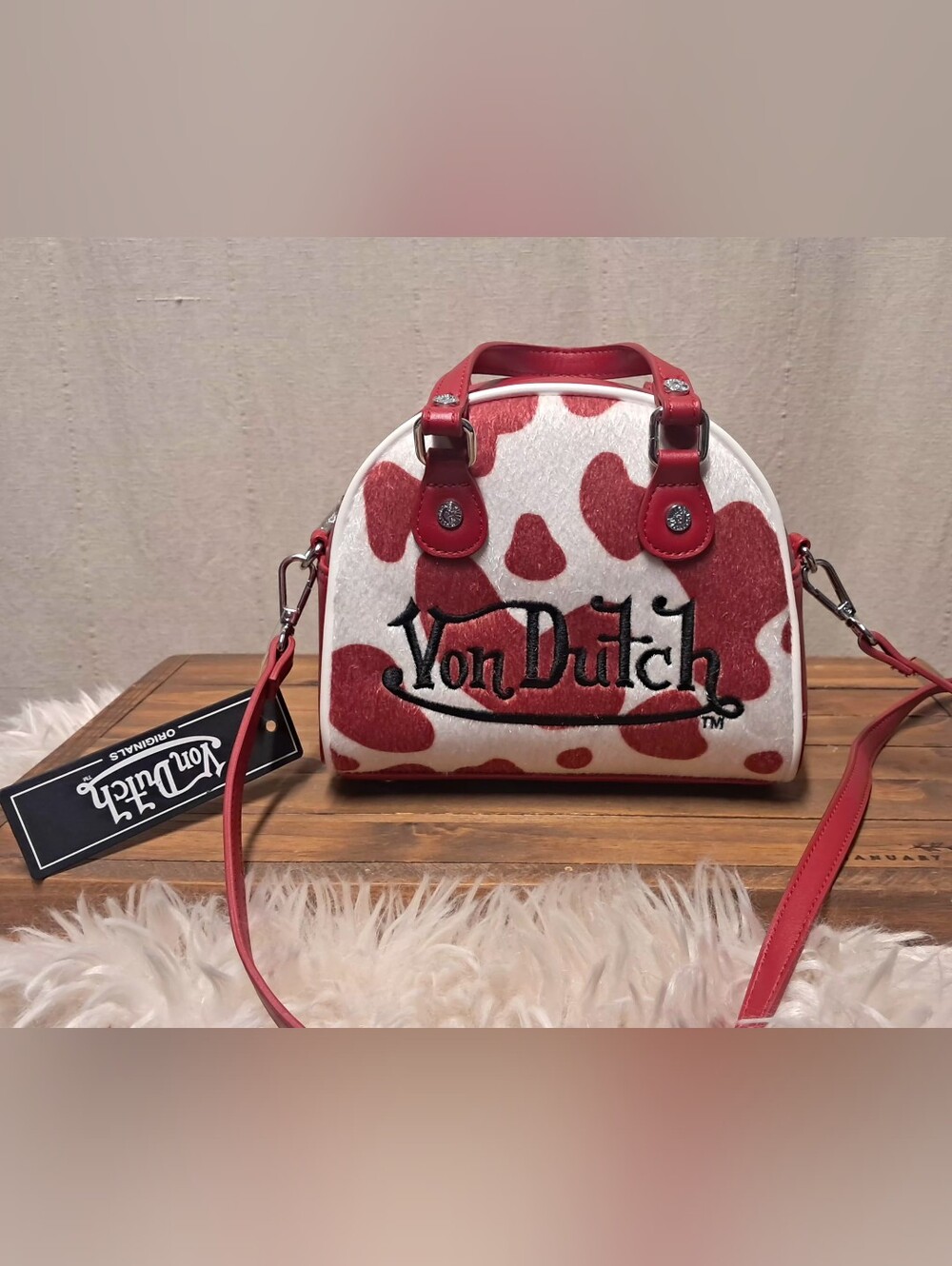 Von Dutch Red & White Cow Print Vegan Pony Hair Bowling Bag Mini Duffle NWT